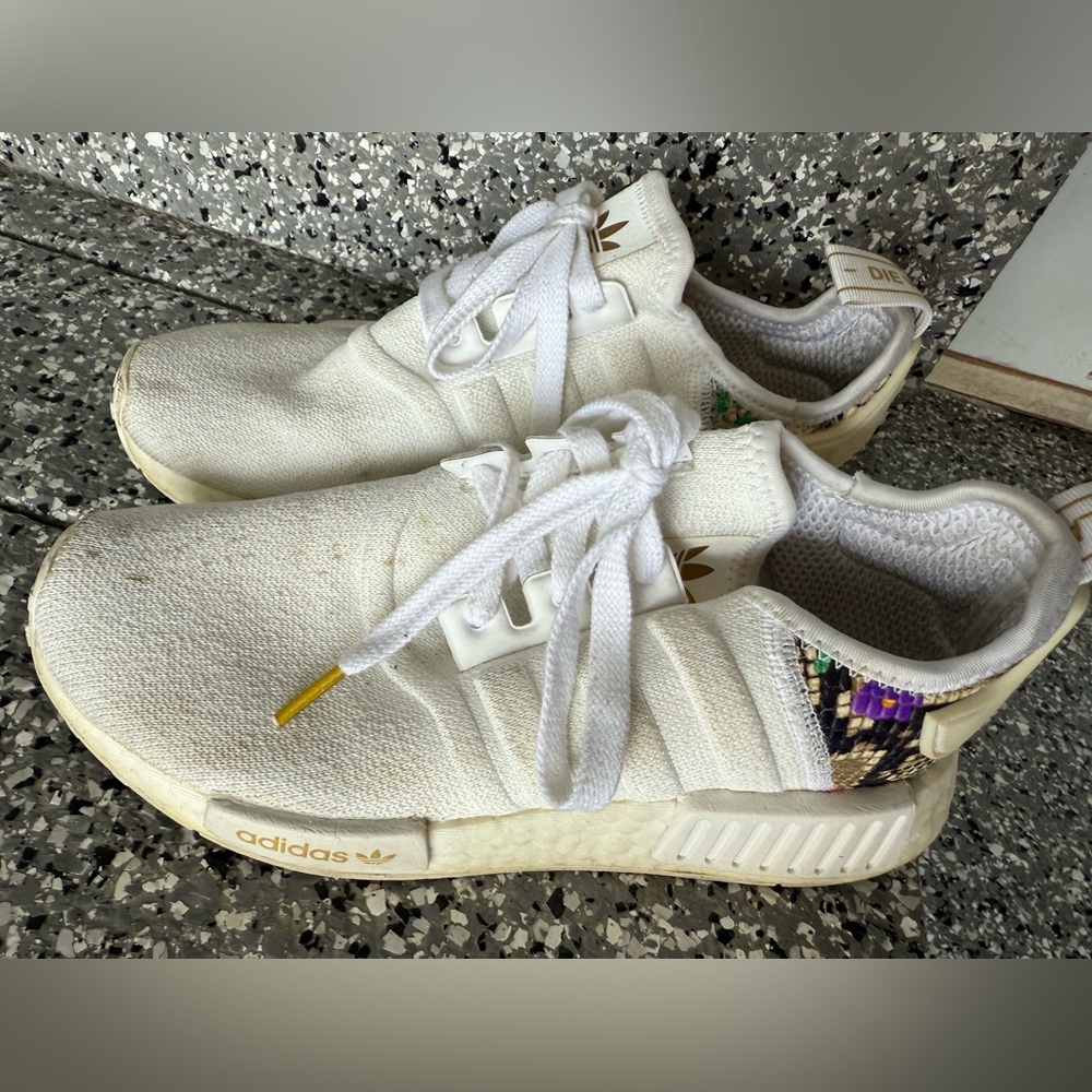 Adidas Womens White Sneakers with Snakeskin Accents